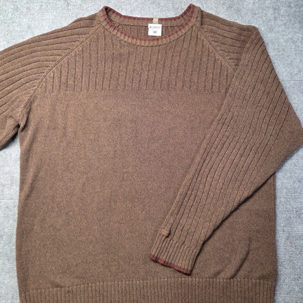 Columbia Mens 2XL Brown Cotton Crewneck Sweater Ribbed Raglan Burgundy Trim
